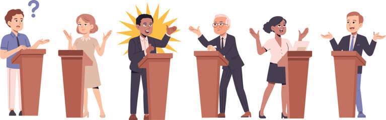 Vector illustration of diverse people speaking at podiums during debate, presentation, or public speech, representing communication, leadership, politics, discussion, teamwork, and decision making