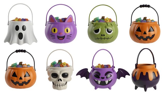 A halloween collection of plastic buckets shaped like ghosts, pumpkins, and other spooky characters