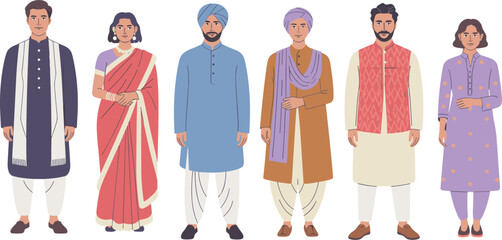 Vector illustration of Indian men and women wearing traditional cultural clothing including saree, kurta, sherwani, turban, ethnic dresses, and festive outfits standing together