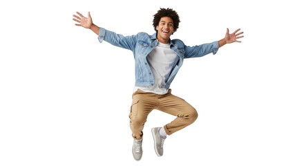 Naklejka premium Joyful young man with arms outstretched in mid air isolated on transparent background