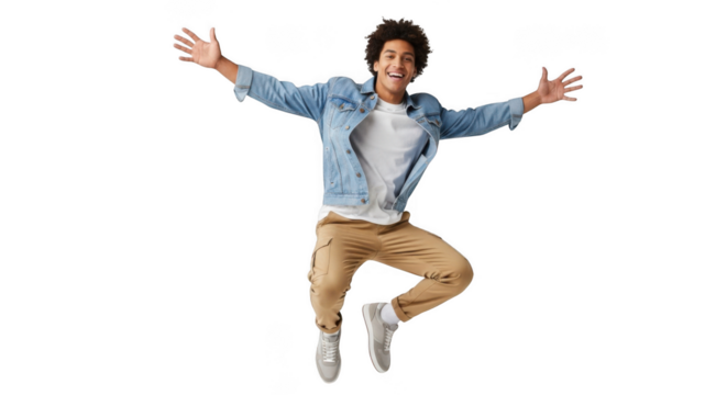 Joyful young man with arms outstretched in mid air isolated on transparent background