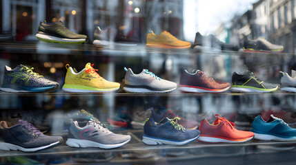 Assortment of men's running shoes in a shop window. Al generated