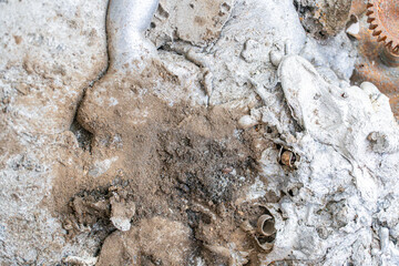 Close-up view of scattered debris on uneven, rocky surface assorted irregular, shattered fragments...
