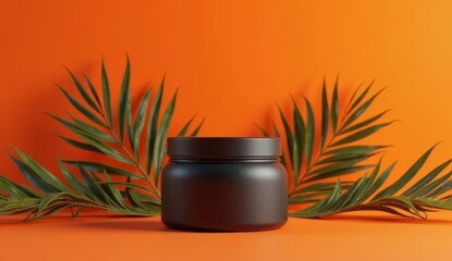 black jar of cream on orange background