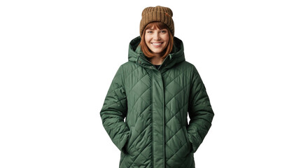 Young woman wearing a green winter puffer coat and knit hat isolated on transparent background