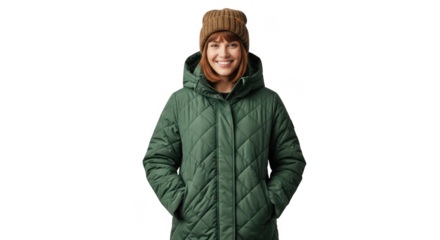 Young woman wearing a green winter puffer coat and knit hat isolated on transparent background