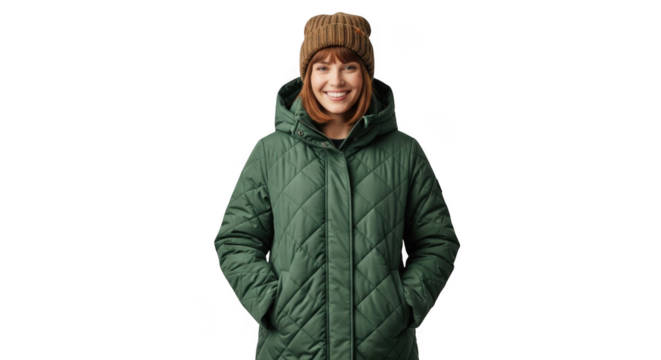 Young woman wearing a green winter puffer coat and knit hat isolated on transparent background