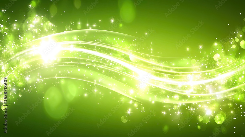 Poster abstract green background with glowing lines and sparkles
