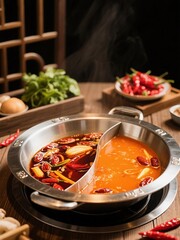 Steaming Hot Pot with Spicy Broth and Fresh Ingredients