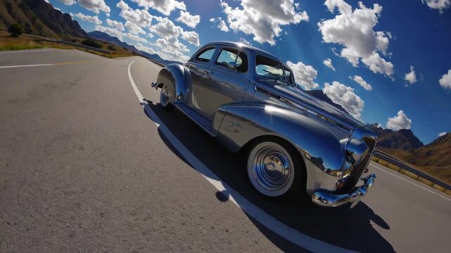 Polished chrome vintage car parked on a scenic mountain road gleams under the sunlight, reflecting the surrounding landscape and cloudy sky