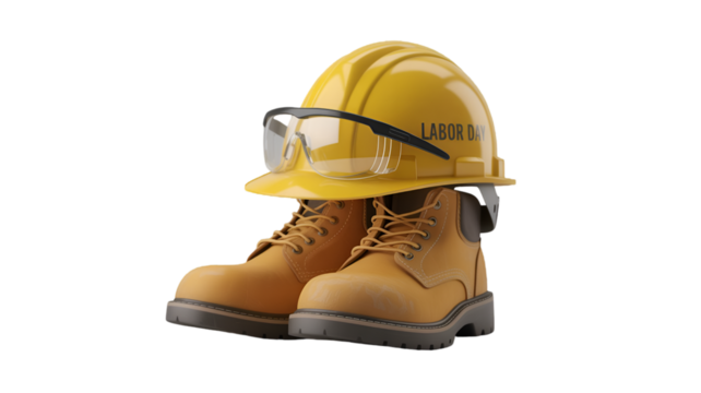 Celebrating labor day with safety glasses hardhat and work boots for construction workers on transparent background