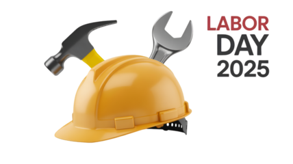 Labor day 2025 with yellow hardhat wrench and hammer celebrating american workers holiday on transparent background