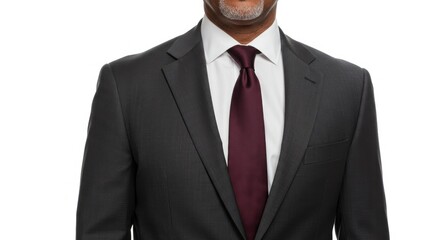 Man in a dark suit white shirt and burgundy tie