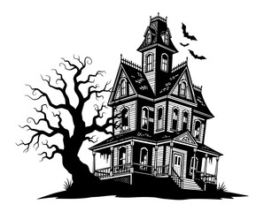 Naklejka premium Vector art of haunted house with dead tree and bats