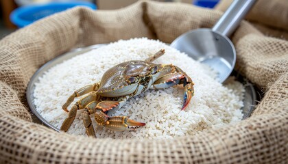 Culinary still life of a fresh, raw crab on a pile of white rice inside a rustic burlap bag at a local market.