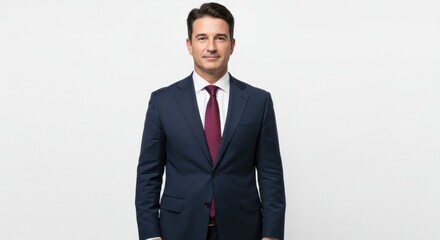 Man in a dark suit with a red tie posing against a white background