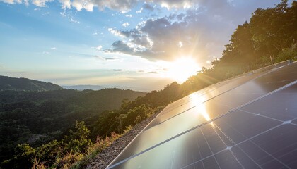 Golden sunset over solar panels on a green mountain hillside, illustrating the concept of renewable energy and sustainability.