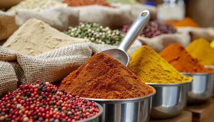 Vibrant display of assorted aromatic spices and herbs in bowls and burlap sacks at a traditional food market.