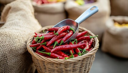 Fresh red chili peppers in a rustic wicker basket with a metal scoop at a vibrant farmers market.