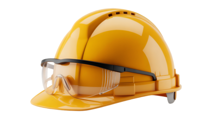 Yellow construction helmet with safety glasses for industrial worker protection gear design on transparent background