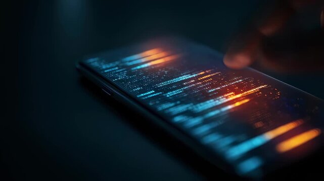 Close medium shot of a glowing smartphone screen displaying encrypted patient data access emphasizing strengthened digital trust on a certified behavioralhealth tech app.