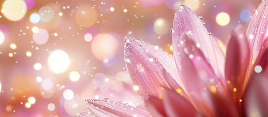 Fototapeta premium Delicate Pink Flower Petals with Sparkling Water Droplets and Bokeh Lights