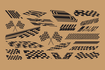 Collection of checkered racing flags and speed stripes graphic elements