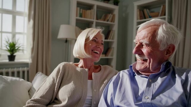 Elderly couple shares peaceful moment on comfortable sofa where retirement happiness blooms through loving companionship in cozy home setting