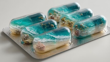Surreal capsules filled with miniature ocean beach scenes, creative concept blending nature and medicine in blister pack