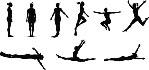 Silhouettes of human figure in varied standing, jumping, and stretching poses, dynamic vector illustration for fitness, dance, and body movement projects