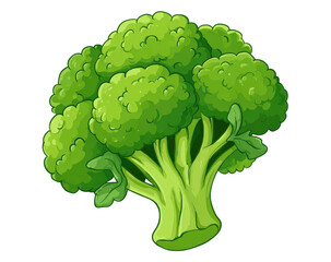 Bright green broccoli head, cartoon style, isolated on black