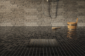 3D Rendering of a modern bathroom with Mosaic Tile Floor and Stacked Stone Shower Walls