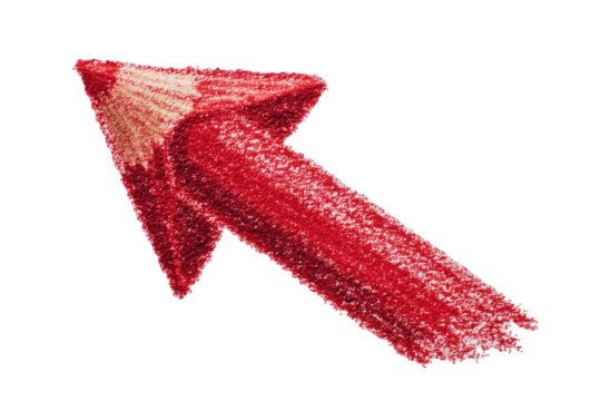 A vibrant red arrow, shaped like a crayon, points upward and right.  Textured, hand-drawn style