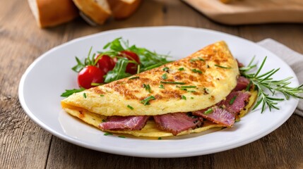 Delicious omelette filled with ham, garnished with fresh herbs and cherry tomatoes on a rustic table