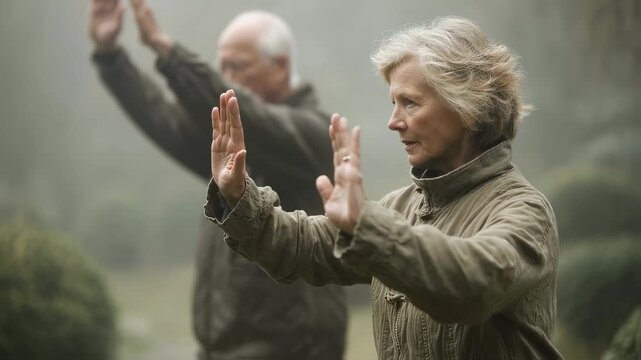 Two elderly individuals are performing slow, graceful movements in a misty park, engaging in tai chi for balance, flexibility, and overall well being