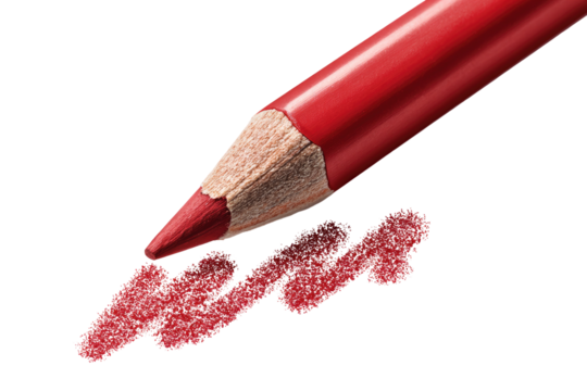 Close-up of a vibrant red colored pencil, tip poised over a smudged red mark on black background