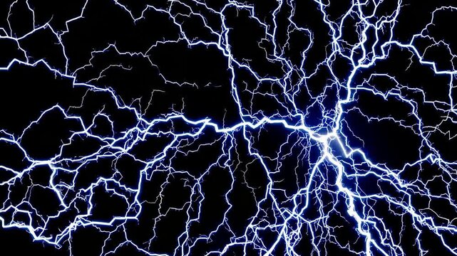 Blue electric lightning branches spread across darkness where raw electrical energy demonstrates nature power through dramatic discharge patterns