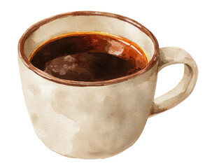 Watercolor illustration of a cup of coffee.  A light beige mug filled with dark coffee.  Warm tones and textured appearance