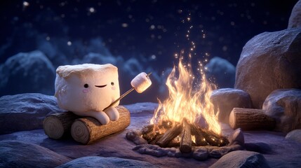 A cute marshmallow roasts by a cozy campfire at night