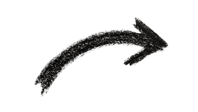 A hand-drawn, curved arrow, charcoal-colored, on a black background.  The arrow curves to the right