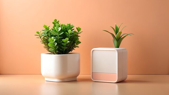 Two small potted plants on a table against a peach colored background - Powered by Adobe