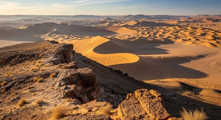 Majestic desert landscape at sunset with vast sand dunes and rugged rock formations in a serene arid environment.