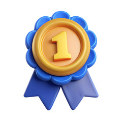 First place gold Award Winner with Badge Ribbon Medal Icon isolated on white background. 3d rendering in plastic cartoon style