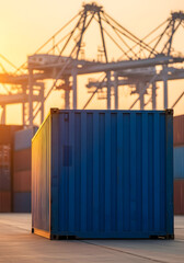 A single blue shipping container stands prominently in the foreground, with a blurred background of numerous other containers and large industrial cranes at sunset, suggesting a busy