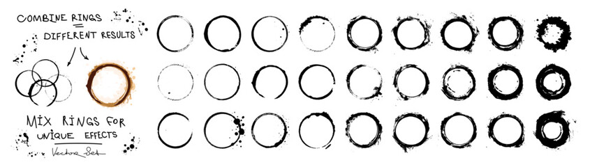 Grunge circles or round marks after a mug of coffee, tea. Vector drawn rounded shapes that can be combined, a large set of coffee stamps. Ink circles, creative set. Vector isolated graphic сollection