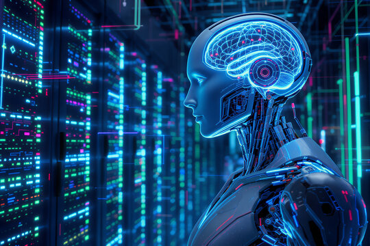 Futuristic robot with glowing blue brain circuitry in a data center with illuminated server racks representing artificial intelligence and technology