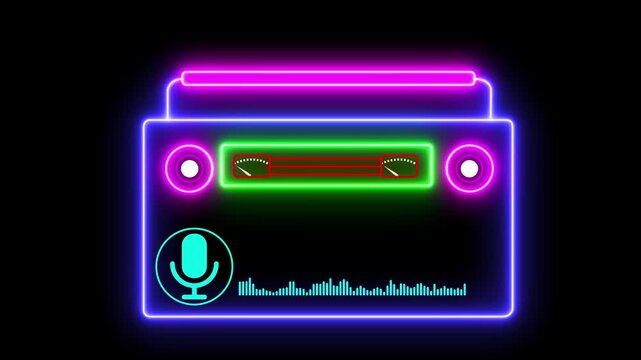 Abstract neon retro boombox cassette player with glowing speakers and rolling music tape. Vintage ghetto blaster radio animation designed for parties, dance occasions, nightclubs and music events.