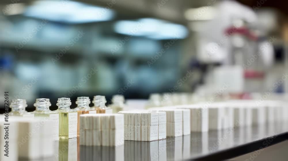 Poster medium shot focusing on scented paper strips laid out on a lab bench with a blurred technician worki