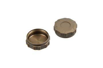 Two metal firearm accessory caps.