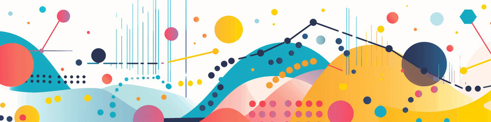 Fototapeta premium Vibrant abstract design with flowing shapes and colorful dots in a dynamic composition viewed from above
